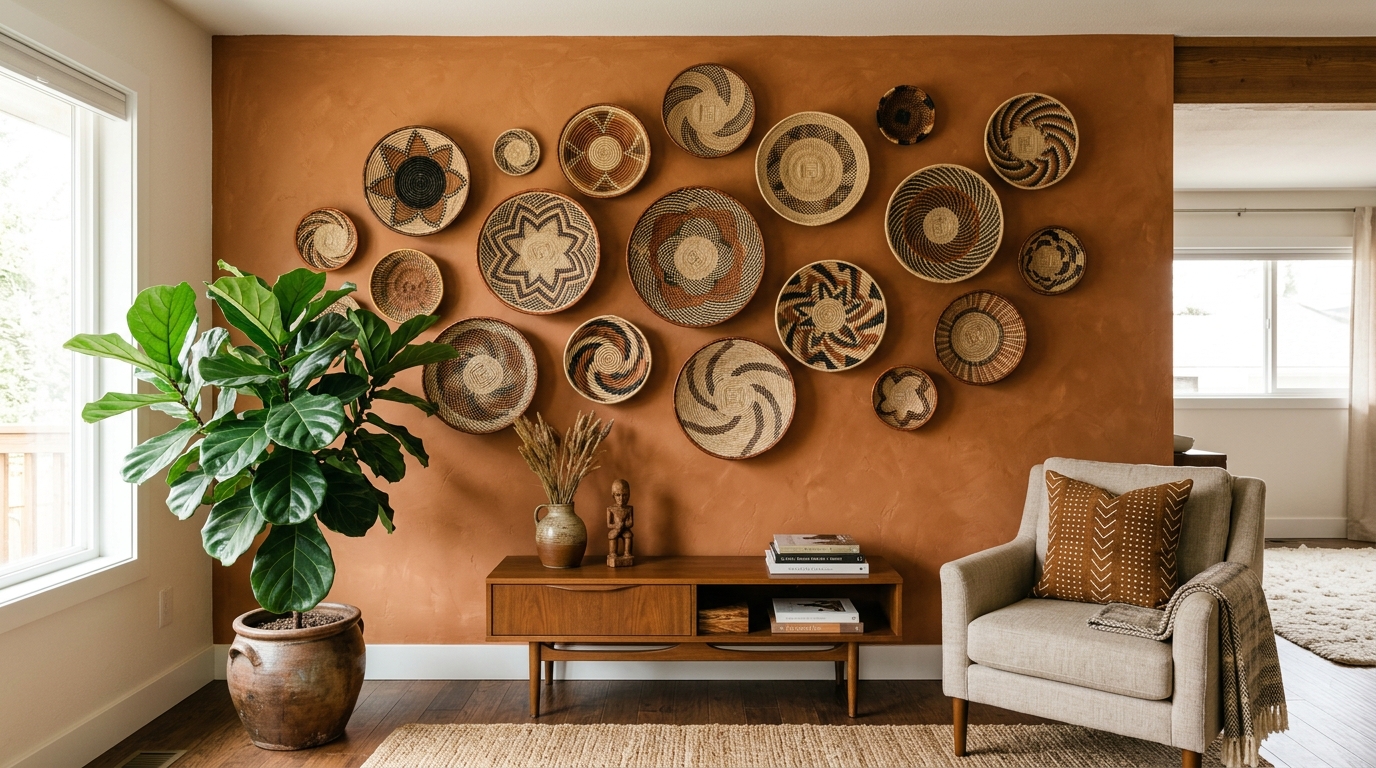 Accent wall painted in warm terracotta ochre, adorned with a collection of woven baskets of varying sizes and geometric patterns. A large potted plant with vibrant green leaves stands in the corner.