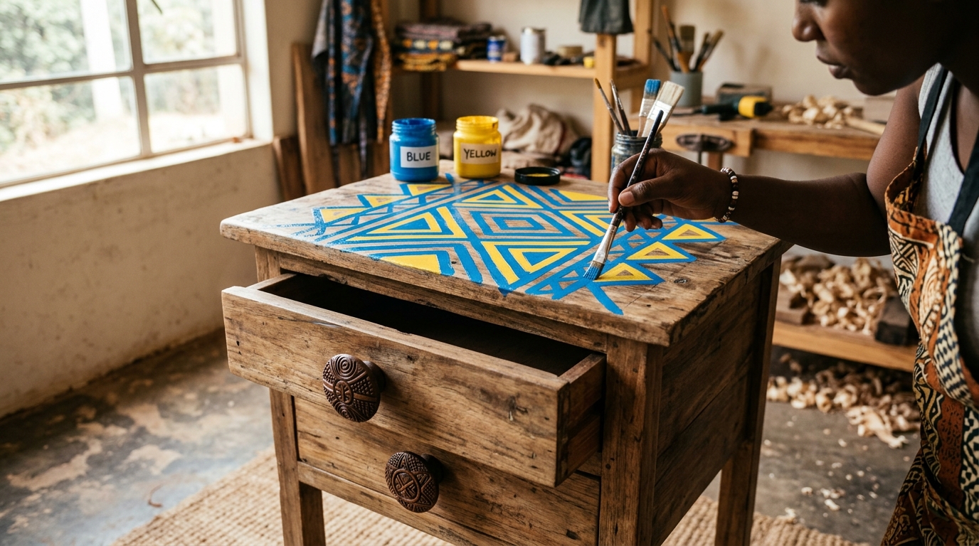 DIY project: wooden side table top painted with a vibrant geometric pattern in blue and yellow. New carved wooden knobs attached to drawers.